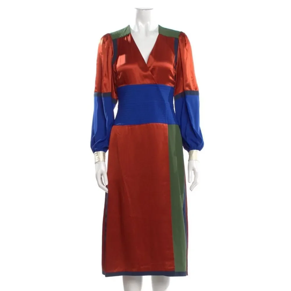 Tory Burch Kola Colorblock Silk Blend Satin Crepe Wrap Dress Size 10
